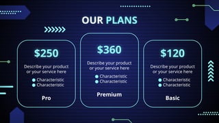 OUR PLANS
Pro
Describe your product
or your service here
● Characteristic
● Characteristic
$250
Basic
Describe your product
or your service here
● Characteristic
● Characteristic
$120
Premium
Describe your product
or your service here
● Characteristic
● Characteristic
$360
 