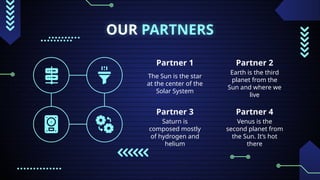 OUR PARTNERS
Partner 1
The Sun is the star
at the center of the
Solar System
Partner 2
Earth is the third
planet from the
Sun and where we
live
Partner 3
Saturn is
composed mostly
of hydrogen and
helium
Partner 4
Venus is the
second planet from
the Sun. It’s hot
there
 