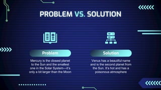 PROBLEM VS. SOLUTION
Problem
Mercury is the closest planet
to the Sun and the smallest
one in the Solar System—it’s
only a bit larger than the Moon
Solution
Venus has a beautiful name
and is the second planet from
the Sun. It’s hot and has a
poisonous atmosphere
 