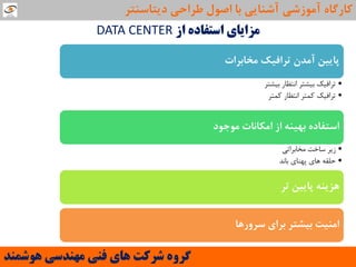 ‫اص‬ ُ‫استفاد‬ ‫هضایای‬DATA CENTER
‫هخاتشات‬ ‫تشافیه‬ ‫آهذى‬ ‫پاییي‬
•‫بیشتش‬ ‫اًتظاس‬ ‫بیشتش‬ ‫تشافیک‬
•‫کوتش‬ ‫اًتظاس‬ ‫کوتش‬ ‫تشافیک‬
‫هَجَد‬ ‫اهىاًات‬ ‫اص‬ ٌِ‫تْی‬ ُ‫اػتفاد‬
•‫هخابشاتی‬ ‫ساخت‬ ‫صیش‬
•‫باًذ‬ ‫پٌْای‬ ‫ّای‬ ِ‫حلق‬
‫تش‬ ‫پاییي‬ ٌِ‫ّضی‬
‫ػشٍسّا‬ ‫تشای‬ ‫تیـتش‬ ‫اهٌیت‬
‫َّشوٌذ‬ ‫هٌْذسی‬ ‫فٌی‬ ‫ّای‬ ‫ششوت‬ ٍُ‫گش‬
‫دیتاػٌتش‬ ‫عشاحی‬ ‫اصَل‬ ‫تا‬ ‫آؿٌایی‬ ‫آهَصؿی‬ ُ‫واسگا‬
 