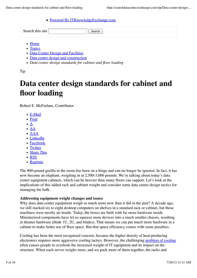 Data center design standards for and floor loading