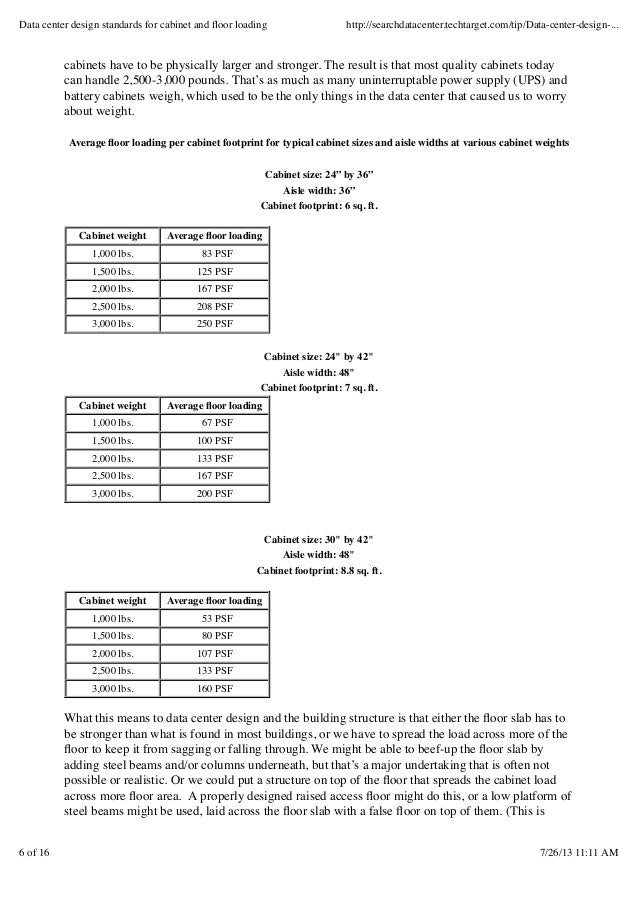 Data center design standards for and floor loading