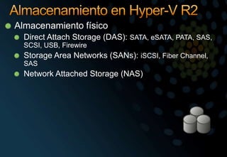 Almacenamiento en Hyper-V R2Almacenamiento físicoDirectAttach Storage (DAS): SATA, eSATA, PATA, SAS, SCSI, USB, FirewireStorage Area Networks (SANs): iSCSI, FiberChannel, SASNetwork Attached Storage (NAS)