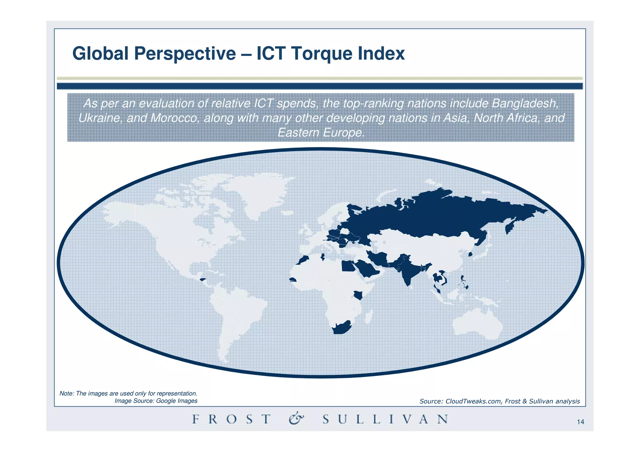 Global Perspective – ICT Torque Index

       As per an evaluation of relative ICT spends, the top-ranking nations include Bangladesh,
      Ukraine, and Morocco, along with many other developing nations in Asia, North Africa, and
                                            Eastern Europe.




Note: The images are used only for representation.
                   Image Source: Google Images                      Source: CloudTweaks.com, Frost & Sullivan analysis


                                                                                                                    14
 