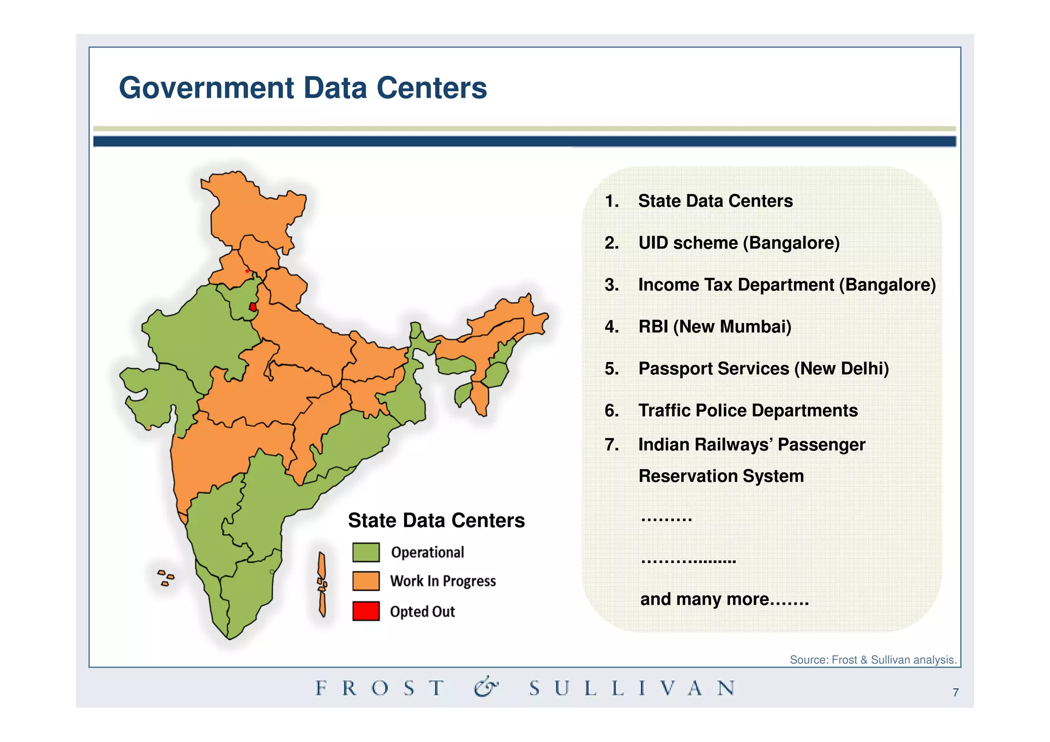 Government Data Centers


                                   1.   State Data Centers

                                   2.   UID scheme (Bangalore)

                                   3.   Income Tax Department (Bangalore)

                                   4.   RBI (New Mumbai)

                                   5.   Passport Services (New Delhi)

                                   6.   Traffic Police Departments
                                   7.   Indian Railways’ Passenger
                                        Reservation System

              State Data Centers        ………

                                        ……….........

                                        and many more…….


                                                         Source: Frost & Sullivan analysis.

                                                                                          7
 