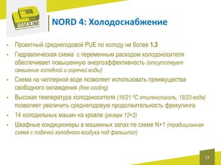 NORD 4: Холодоснабжение
•

•

Проектный среднегодовой PUE по холоду не более 1.3
Гидравлическая схема с переменным расходом холодоносителя
обеспечивает повышенную энергоэффективность (отсутствует
смешение холодной и горячей воды)

•
•

•
•

Схема на чиллерной воде позволяет использовать преимущества
свободного охлаждения (free cooling)
Высокая температура холодоносителя (16/21 0C этиленгликоль, 18/23 вода)
позволяет увеличить среднегодовую продолжительность фрикулинга
14 холодильных машин на кровле (резерв 12+2)
Шкафные кондиционеры в машинных залах по схеме N+1 (традиционная
схема с подачей холодного воздуха под фальшпол)

13

 