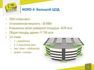 NORD 4: большой ЦОД
•

•
•
•

•

2000 стойко-мест
Установленная мощность - 20 МВА
8 машинных залов суммарной площадью 4276 кв.м.
Общая площадь здания -11 700 кв.м
3.5 этажа
•
•
•
•

1 – энергетика
2, 3 –машинные залы
тех. этаж – хладоцентр
кровля - чиллеры

5

 