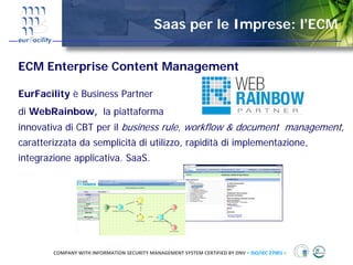 Saas per le Imprese: l’ECM


ECM Enterprise Content Management

EurFacility è Business Partner
di WebRainbow, la piattaforma
innovativa di CBT per il business rule, workflow & document management,
caratterizzata da semplicità di utilizzo, rapidità di implementazione,
integrazione applicativa. SaaS.




        COMPANY WITH INFORMATION SECURITY MANAGEMENT SYSTEM CERTIFIED BY DNV = ISO/IEC 27001 =
 