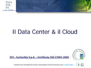 Il Data Center & il Cloud


EFC - Eurfacility S.p.A. - Certificata ISO 27001:2005


   COMPANY WITH INFORMATION SECURITY MANAGEMENT SYSTEM CERTIFIED BY DNV = ISO/IEC 27001 =
 