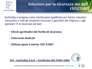 Soluzioni per la sicurezza dei dati
                                                    ISO27001

Eurfacility si propone come interlocutore qualificato per fornire soluzioni,
consulenza e tutti gli strumenti necessari a garantire alle Imprese e agli
operatori IT la Sicurezza dei dati:


   • Check up/Analisi del livello di sicurezza

   • Interventi dedicati

   • Utilizzo spazi a norma ISO 27001




    EFC - Eurfacility S.p.A. - Certificata ISO 27001:2005

        COMPANY WITH INFORMATION SECURITY MANAGEMENT SYSTEM CERTIFIED BY DNV = ISO/IEC 27001 =
 