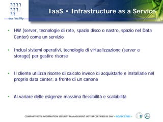 IaaS • Infrastructure as a Service

• HW (server, tecnologie di rete, spazio disco o nastro, spazio nel Data
  Center) come un servizio

• Inclusi sistemi operativi, tecnologie di virtualizzazione (server e
  storage) per gestire risorse


• Il cliente utilizza risorse di calcolo invece di acquistarle e installarle nel
  proprio data center, a fronte di un canone


• Al variare delle esigenze massima flessibilità e scalabilità



         COMPANY WITH INFORMATION SECURITY MANAGEMENT SYSTEM CERTIFIED BY DNV = ISO/IEC 27001 =
 
