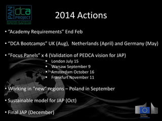 2014 Actions 
• “Academy Requirements” End Feb 
• “DCA Bootcamps” UK (Aug), Netherlands (April) and Germany (May) 
• “Focus Panels” x 4 (Validation of PEDCA vision for JAP) 
 London July 15 
 Warsaw September 9 
 Amsterdam October 16 
 Frankfurt November 11 
• Working in “new” regions – Poland in September 
• Sustainable model for JAP (Oct) 
• Final JAP (December) 
 