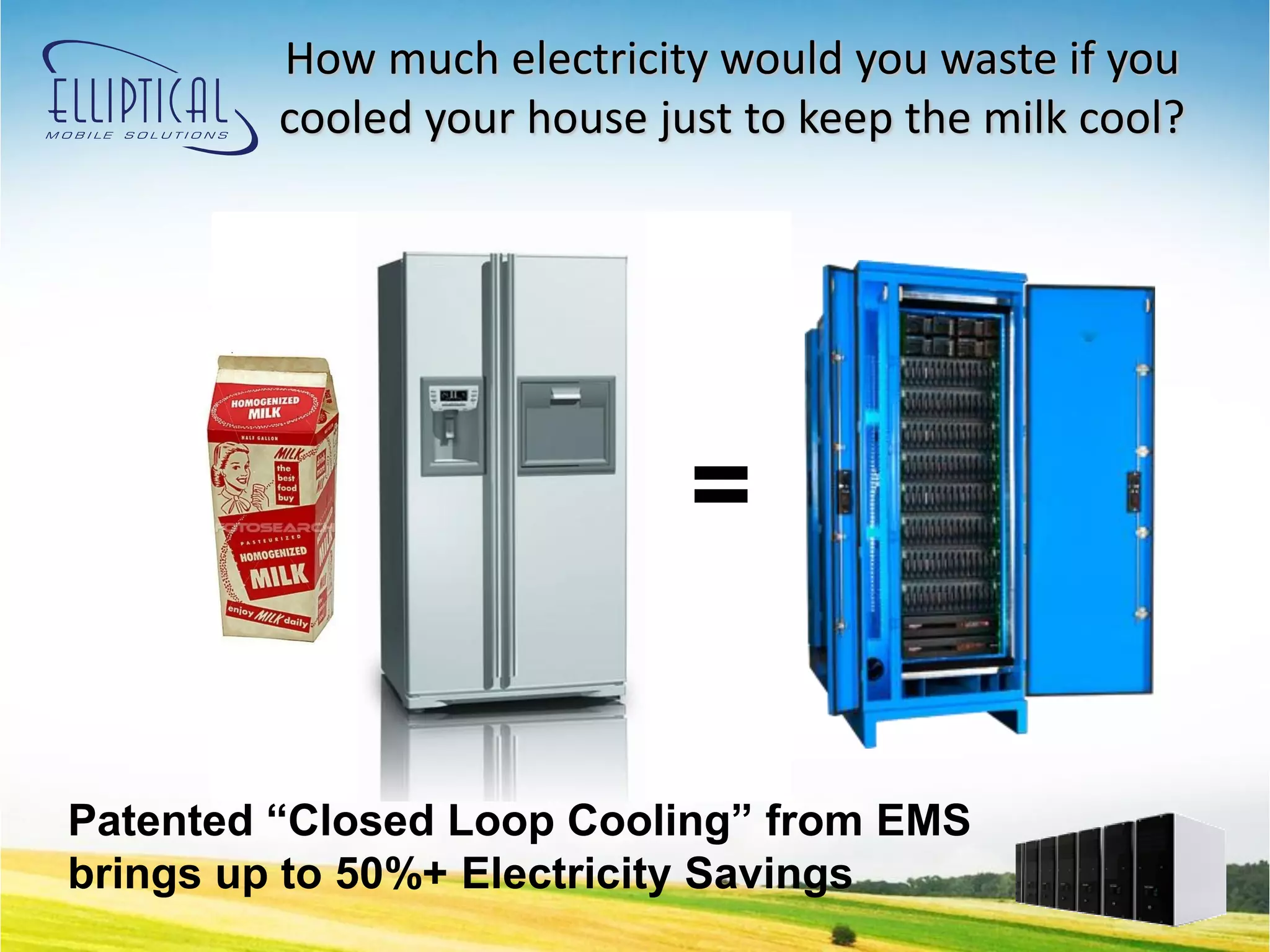 How much electricity would you waste if you
         cooled your house just to keep the milk cool?




                             =

Patented “Closed Loop Cooling” from EMS
brings up to 50%+ Electricity Savings
 