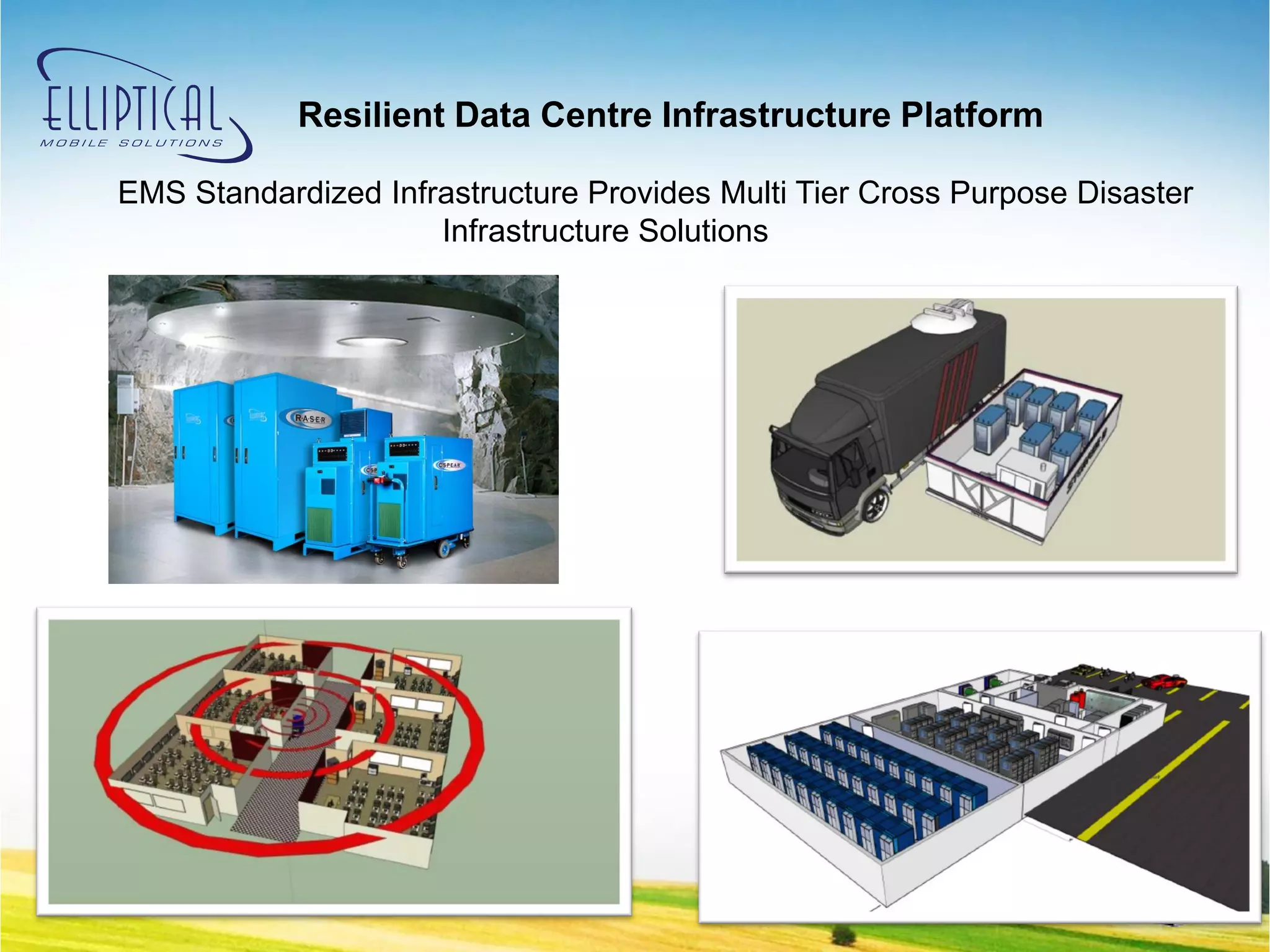 Resilient Data Centre Infrastructure Platform

EMS Standardized Infrastructure Provides Multi Tier Cross Purpose Disaster
                     Infrastructure Solutions
 