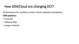 How SDN/Cloud era changing DCI?
Orchestration for seamless stretch virtual networks and policies
SDN products:
• Cisco ACI
• VMware NSX
• Juniper Contrail
 