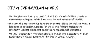 OTV vs EVPN+VXLAN vs VPLS
• VXLAN gives us liberty to use 2^24 VLANS. VXLAN-EVPN is the data
centre technologies. In VPLS we have limited number of VLANS.
• In EVPN the mac-learning happens in control plane whereas in VPLS it
happens in data plane. Hence, In EVPN this feature reduces the
unknown unicast broadcast packets and wastage of resources.
• VXLAN is supported by virtual devices and as well as routers. VPLS Is
totally based on our backbone. No role in virtual devices.
 