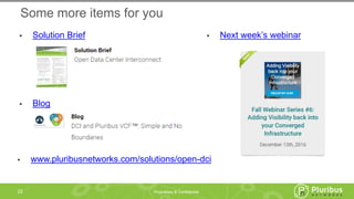 Proprietary & Confidential
Some more items for you
 Next week’s webinar
22
 Solution Brief
 Blog
 www.pluribusnetworks.com/solutions/open-dci
 