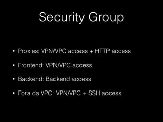 Security Group
• Proxies: VPN/VPC access + HTTP access
• Frontend: VPN/VPC access
• Backend: Backend access
• Fora da VPC: VPN/VPC + SSH access
 