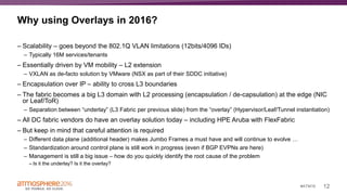 12#ATM16
Why using Overlays in 2016?
– Scalability – goes beyond the 802.1Q VLAN limitations (12bits/4096 IDs)
– Typically 16M services/tenants
– Essentially driven by VM mobility – L2 extension
– VXLAN as de-facto solution by VMware (NSX as part of their SDDC initiative)
– Encapsulation over IP – ability to cross L3 boundaries
– The fabric becomes a big L3 domain with L2 processing (encapsulation / de-capsulation) at the edge (NIC
or Leaf/ToR)
– Separation between “underlay” (L3 Fabric per previous slide) from the “overlay” (Hypervisor/Leaf/Tunnel instantiation)
– All DC fabric vendors do have an overlay solution today – including HPE Aruba with FlexFabric
– But keep in mind that careful attention is required
– Different data plane (additional header) makes Jumbo Frames a must have and will continue to evolve …
– Standardization around control plane is still work in progress (even if BGP EVPNs are here)
– Management is still a big issue – how do you quickly identify the root cause of the problem
– Is it the underlay? Is it the overlay?
 