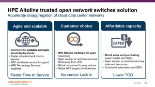 22#ATM16
Lower TCONo vendor Lock inFaster Time to Service
Customer choiceAgile and scalable Affordable capacity
HPE Altoline trusted open network switches solution
Accelerate disaggregation of cloud data center networks
• Optimized for scalable and agile
cloud deployments
• Faster provisioning & time to
service
• HPE worldwide service & support
• HPE Technology Services
expertise
• HPE Altoline switches for open
networking
• Open source, or commercial Linux
OS license from HPE
• Global component buying options
• Global HPE support and services
• Direct sales and purchasing
Lower CapEx and OpEx
• Open source, or commercial Linux
tools and resources
• Consistent automation and SDN
 