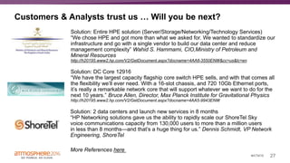 27#ATM16
Customers & Analysts trust us … Will you be next?
Solution: Entire HPE solution (Server/Storage/Networking/Technology Services)
“We chose HPE and got more than what we asked for. We wanted to standardize our
infrastructure and go with a single vendor to build our data center and reduce
management complexity” Wahid S. Hammami, CIO,Ministry of Petroleum and
Mineral Resources
http://h20195.www2.hp.com/V2/GetDocument.aspx?docname=4AA6-3550ENW&cc=us&lc=en
Solution: DC Core 12916
“We have the largest capacity flagship core switch HPE sells, and with that comes all
the flexibility we’ll ever need. With a 16-slot chassis, and 720 10Gb Ethernet ports,
it’s really a remarkable network core that will support whatever we want to do for the
next 10 years.” Bruce Allen, Director, Max Planck Institute for Gravitational Physics
http://h20195.www2.hp.com/V2/GetDocument.aspx?docname=4AA5-9943ENW
Solution: 2 data centers and launch new services in 8 months
“HP Networking solutions gave us the ability to rapidly scale our ShoreTel Sky
voice communications capacity from 130,000 users to more than a million users
in less than 8 months—and that’s a huge thing for us.” Dennis Schmidt, VP Network
Engineering, ShoreTel
More References here
 