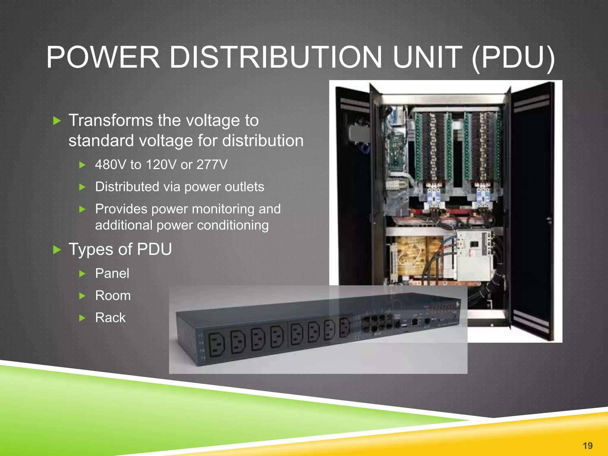 POWER DISTRIBUTION UNIT (PDU)
 Transforms the voltage to
standard voltage for distribution
 480V to 120V or 277V
 Distributed via power outlets
 Provides power monitoring and
additional power conditioning
 Types of PDU
 Panel
 Room
 Rack
19
 