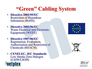 “Green” Cabling System
• Directive 2002/95/EC
  Restriction of Hazardous
  Substances (RoHS).

• Directive 2002/96/EC
  Waste Electrical and Electronic
  Equipments (WEEE).

• Directive 1907/06/EC
  Registration, Evaluation,
  Authorization and Restriction of
  Chemicals (REACH).

• CENELEC, IEC Standards
  Low Smoke Zero Halogen
  (LSZH/LSOH)
 