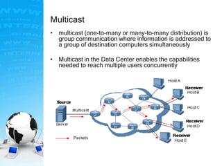 Multicast
• multicast (one-to-many or many-to-many distribution) is
group communication where information is addressed to
a group of destination computers simultaneously
• Multicast in the Data Center enables the capabilities
needed to reach multiple users concurrently
 