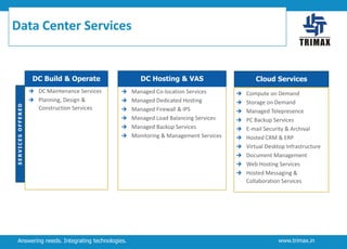 Data Center Services

DC Build & Operate

DC Hosting & VAS

Cloud Services

 Managed Co-location Services

 Planning, Design &
SERVICES OFFERED

 DC Maintenance Services

 Compute on Demand

 Managed Dedicated Hosting

 Storage on Demand

 Managed Firewall & IPS

 Managed Telepresence

 Managed Load Balancing Services

 PC Backup Services

 Managed Backup Services

 E-mail Security & Archival

 Monitoring & Management Services

 Hosted CRM & ERP

Construction Services

 Virtual Desktop Infrastructure
 Document Management
 Web Hosting Services
 Hosted Messaging &

Collaboration Services

Answering needs. Integrating technologies.

www.trimax.in

 