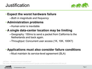 © Hortonworks Inc. 2014
Justification
• Expect the worst hardware failure
–Both in magnitude and frequency
• Administration problems
–Human error is inevitable
• A single data-center location may be limiting
–Geography: 150ms to send a packet from California to the
Netherlands and back again.
–Throughput: Concurrent user access (1K, 10K, 100K?)
• Applications must also consider failure conditions
–Must maintain its service-level agreement (SLA)
Page 3
Jeff Dean – “Numbers everyone should know”
http://static.googleusercontent.com/media/research.google.com/en/us/people/jeff/stanford-295-talk.pdf
 