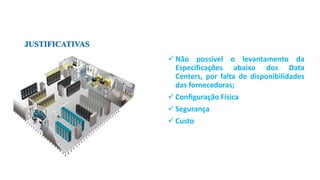 JUSTIFICATIVAS
 Não possível o levantamento da
Especificações abaixo dos Data
Centers, por falta de disponibilidades
das fornecedoras;
 Configuração Física
 Segurança
 Custo
 