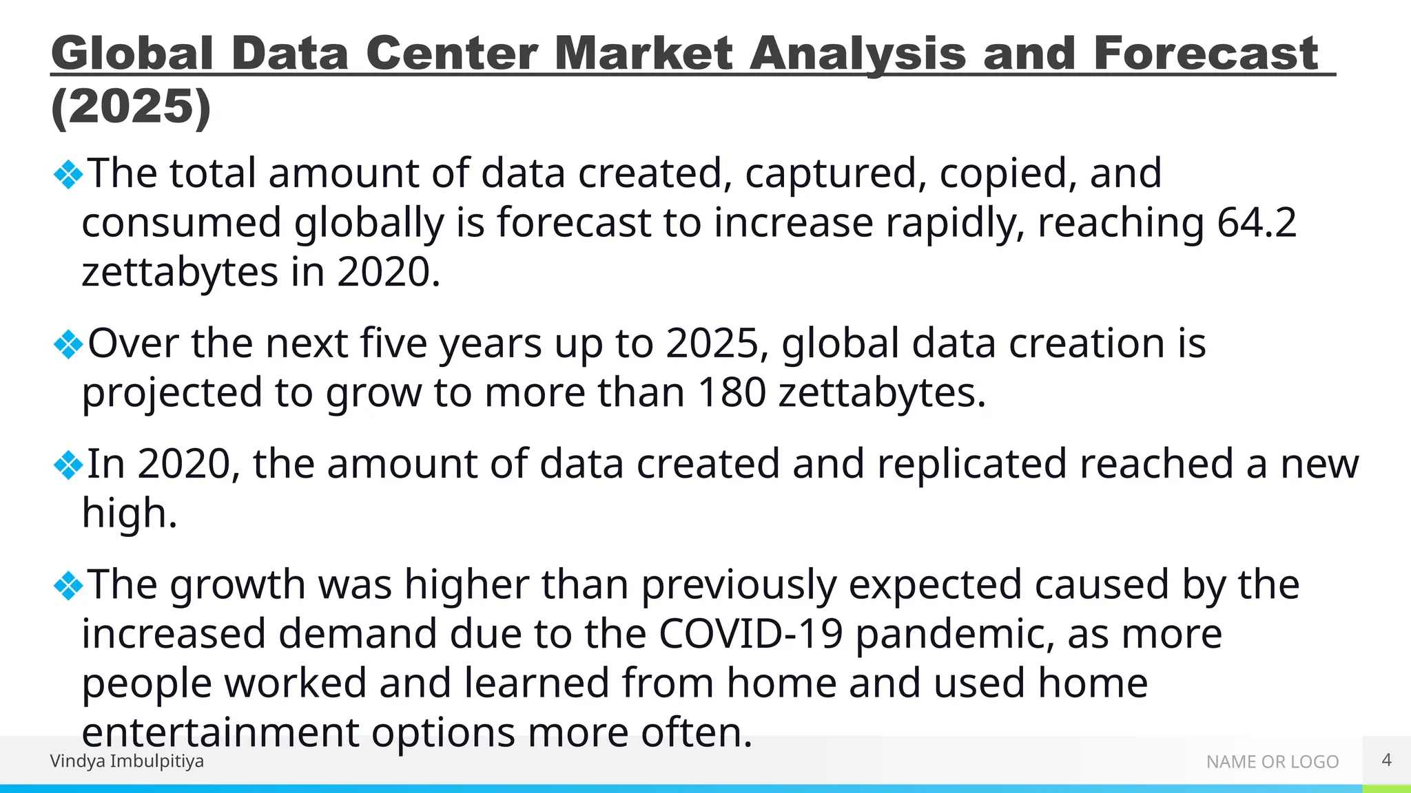 NAME OR LOGO
Global Data Center Market Analysis and Forecast
(2025)
❖The total amount of data created, captured, copied, and
consumed globally is forecast to increase rapidly, reaching 64.2
zettabytes in 2020.
❖Over the next five years up to 2025, global data creation is
projected to grow to more than 180 zettabytes.
❖In 2020, the amount of data created and replicated reached a new
high.
❖The growth was higher than previously expected caused by the
increased demand due to the COVID-19 pandemic, as more
people worked and learned from home and used home
entertainment options more often. 4
Vindya Imbulpitiya
 