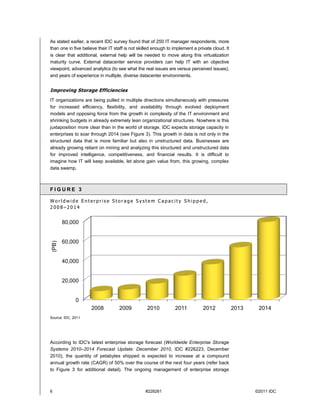 As stated earlier, a recent IDC survey found that of 250 IT manager respondents, more
than one in five believe their IT staff is not skilled enough to implement a private cloud. It
is clear that additional, external help will be needed to move along this virtualization
maturity curve. External datacenter service providers can help IT with an objective
viewpoint, advanced analytics (to see what the real issues are versus perceived issues),
and years of experience in multiple, diverse datacenter environments.


Improving Storage Efficiencies
IT organizations are being pulled in multiple directions simultaneously with pressures
for increased efficiency, flexibility, and availability through evolved deployment
models and opposing force from the growth in complexity of the IT environment and
shrinking budgets in already extremely lean organizational structures. Nowhere is this
juxtaposition more clear than in the world of storage. IDC expects storage capacity in
enterprises to soar through 2014 (see Figure 3). This growth in data is not only in the
structured data that is more familiar but also in unstructured data. Businesses are
already growing reliant on mining and analyzing this structured and unstructured data
for improved intelligence, competitiveness, and financial results. It is difficult to
imagine how IT will keep available, let alone gain value from, this growing, complex
data swamp.



FIGURE 3

Worldwide Enterprise Storage System Capacity Shipped,
2008–2014


        80,000


        60,000
 (PB)




        40,000


        20,000


              0
                     2008           2009          2010           2011           2012             2013    2014
Source: IDC, 2011




According to IDC's latest enterprise storage forecast (Worldwide Enterprise Storage
Systems 2010–2014 Forecast Update: December 2010, IDC #226223, December
2010), the quantity of petabytes shipped is expected to increase at a compound
annual growth rate (CAGR) of 50% over the course of the next four years (refer back
to Figure 3 for additional detail). The ongoing management of enterprise storage



6                                                 #228261                                               ©2011 IDC
 