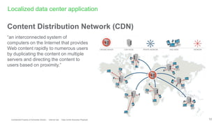 12Confidential Property of Schneider Electric - Internal Use - Data Center Business Playbook
Content Distribution Network (CDN)
“an interconnected system of
computers on the Internet that provides
Web content rapidly to numerous users
by duplicating the content on multiple
servers and directing the content to
users based on proximity.”
Localized data center application
 