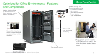 27Confidential Property of Schneider Electric - Internal Use - Data Center Business Playbook
NetBotz Security and
Environmental Monitoring
> Surveillance Cameras
> Alarm beacon
> Temp. &Hum. sensors
> Smoke detector
> Leak Rope Sensor
Fan-assisted cooling
Metered rack
PDU with remote
monitoring
Symmetra UPS with
remote management
StruxureWare Data Center
Expert software for remote
management and real-time
monitoring
IT equipment can be installed
in an office space without the
cost of building a dedicated IT
room
Superior sound proofing
on all interior surfaces.
Clean, decorative exterior
to match office decor
Optimized for Office Environments Features
and Components
Micro Data Center
 