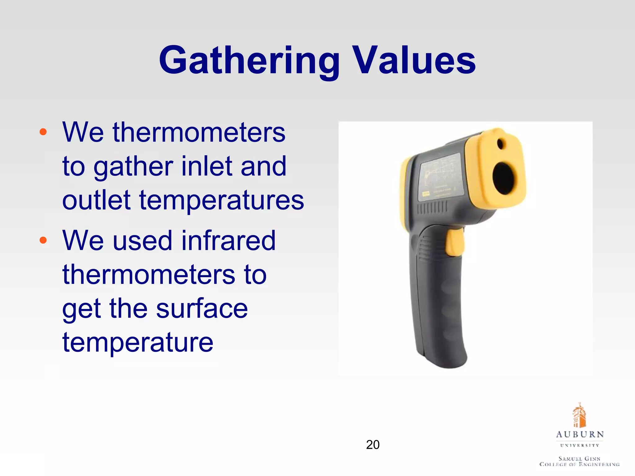 Gathering Values
• We thermometers
to gather inlet and
outlet temperatures
• We used infrared
thermometers to
get the surface
temperature
20
 