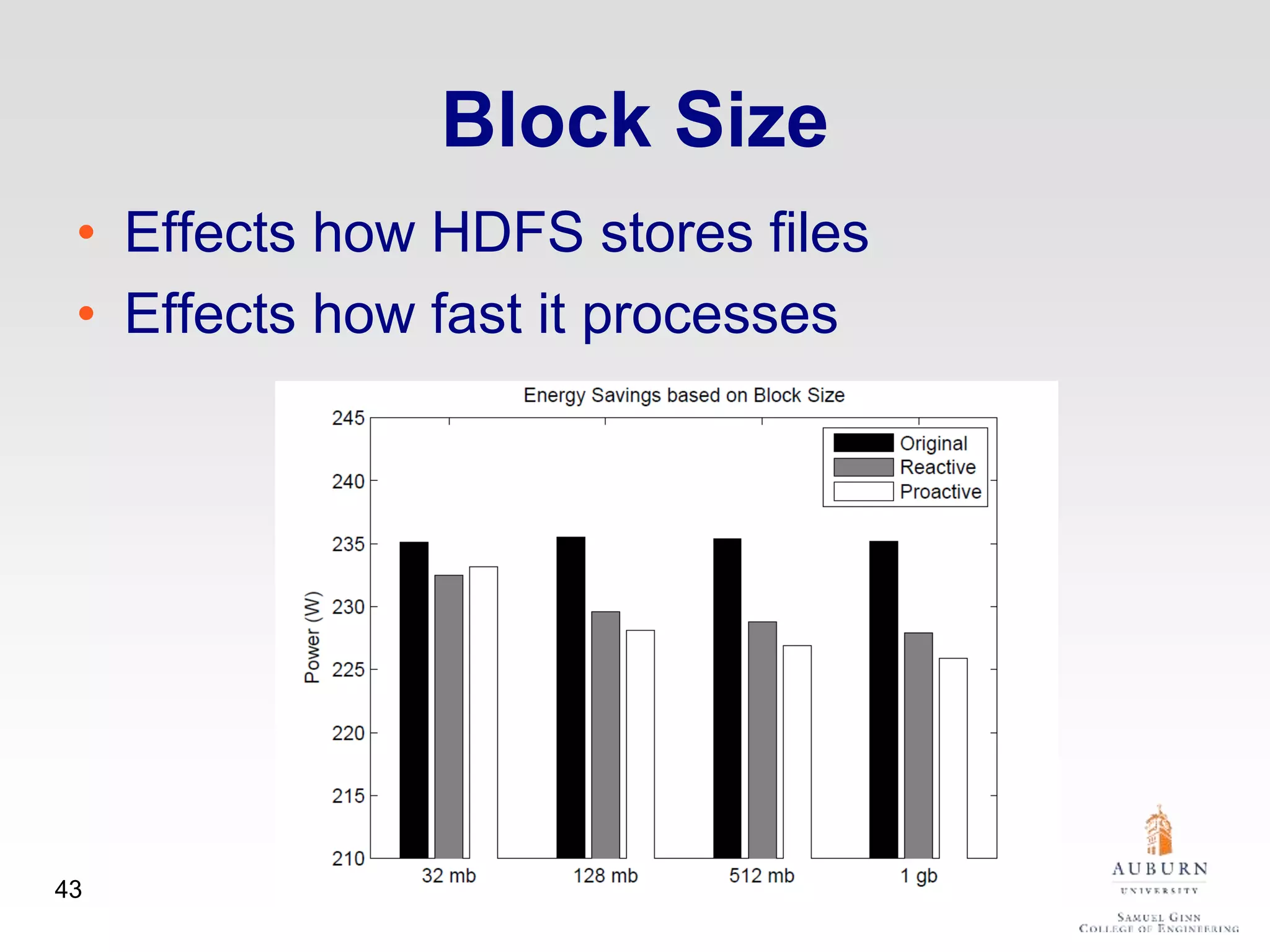 Block Size
• Effects how HDFS stores files
• Effects how fast it processes
43
 