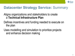 26
Aligns organizations and stakeholders to create
a Technical Infrastructure Plan
Defines incentives and funding needed to execute on
the plan
Uses modelling and simulation to prioritize projects
and enhance decision making
Datacenter Strategy Service: Summary
 
