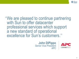 39
“We are pleased to continue partnering
with Sun to offer datacenter
professional services which support
a new standard of operational
excellence for Sun’s customers.”
John DiPippo
Senior Vice President
APC
 