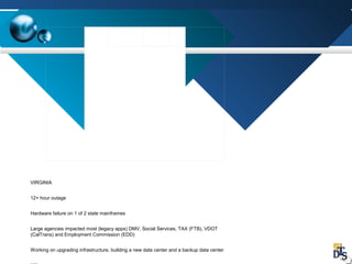 VIRGINIA
12+ hour outage
Hardware failure on 1 of 2 state mainframes
Large agencies impacted most (legacy apps) DMV, Social Services, TAX (FTB), VDOT
(CalTrans) and Employment Commission (EDD)
Working on upgrading infrastructure, building a new data center and a backup data center
 