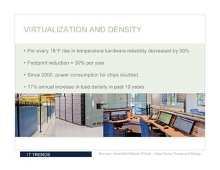 VIRTUALIZATION AND DENSITY

• For every 18F rise in temperature hardware reliability decreased by 50%

• Footprint reduction = 30% per year

• Since 2000, power consumption for chips doubled

• 17% annual increase in load density in past 10 years




 IT TRENDS                       Morrison Hershfield Mission Critical – Data Center Trends and Design
 