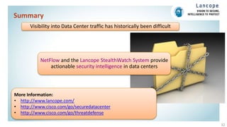 Summary
32
More Information:
• http://www.lancope.com/
• http://www.cisco.com/go/securedatacenter
• http://www.cisco.com/go/threatdefense
NetFlow and the Lancope StealthWatch System provide
actionable security intelligence in data centers
Visibility into Data Center traffic has historically been difficult
 