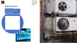 10°C - 359C —
is the operating
temperature
range of most
servers.
Know
Base
Data Center
Cooling
Environment control is
a major aspect of data
center design
182C - 272C— is the
recommended inlet
temperature of IT
equipment by ASHRAE
(American Society of
Heating, Refrigerating,
and Air Conditioning
Engineers).
 