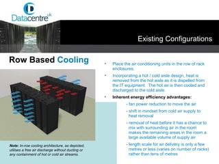 Note:  In-row cooling architecture, as depicted, utilises a free air discharge without ducting or any containment of hot or cold air streams. Place the air conditioning units in the row of rack enclosures. Incorporating a hot / cold aisle design, heat is removed from the hot aisle as it is dispelled from the IT equipment.  The hot air is then cooled and discharged to the cold aisle. Inherent energy efficiency advantages: - fan power reduction to move the air - shift in mindset from cold air supply to   heat removal - removal of heat before it has a chance to    mix with surrounding air in the room    makes the remaining areas in the room a    large available volume of supply air - length scale for air delivery is only a few    metres or less (varies on number of racks)    rather than tens of metres Existing Configurations Row Based  Cooling 