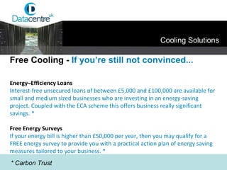 * Carbon Trust Energy–Efficiency Loans Interest-free unsecured loans of between £5,000 and £100,000 are available for small and medium sized businesses who are investing in an energy-saving project. Coupled with the ECA scheme this offers business really significant savings. * Free Energy Surveys If your energy bill is higher than £50,000 per year, then you may qualify for a FREE energy survey to provide you with a practical action plan of energy saving measures tailored to your business. * Free Cooling -  If you’re still not convinced... Cooling Solutions 