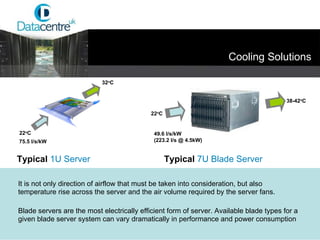 38-42 o C 32 o C It is not only direction of airflow that must be taken into consideration, but also temperature rise across the server and the air volume required by the server fans. Blade servers are the most electrically efficient form of server. Available blade types for a  given blade server system can vary dramatically in performance and power consumption Cooling Solutions 49.6 l/s/kW (223.2 l/s @ 4.5kW) Typical   7U Blade Server 22 o C Typical   1U Server 75.5 l/s/kW 22 o C 