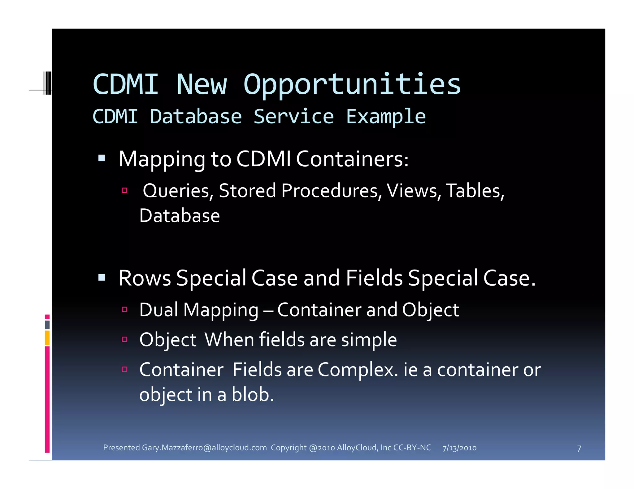 CDMI New Opportunities
CDMI Database Service Example
 M
  Mapping to CDMI Containers:
      i    CDMI C      i
     Queries, Stored Procedures, Views, Tables, 
        Database


 Rows Special Case and Fields Special Case  
  Rows Special Case and Fields Special Case. 
     Dual Mapping – Container and Object
     Object  When fields are simple
     Container  Fields are Complex. ie a container or 
        object in a blob. 
        object in a blob  

Presented Gary.Mazzaferro@alloycloud.com  Copyright @2010 AlloyCloud, Inc CC‐BY‐NC   7/13/2010   7
 