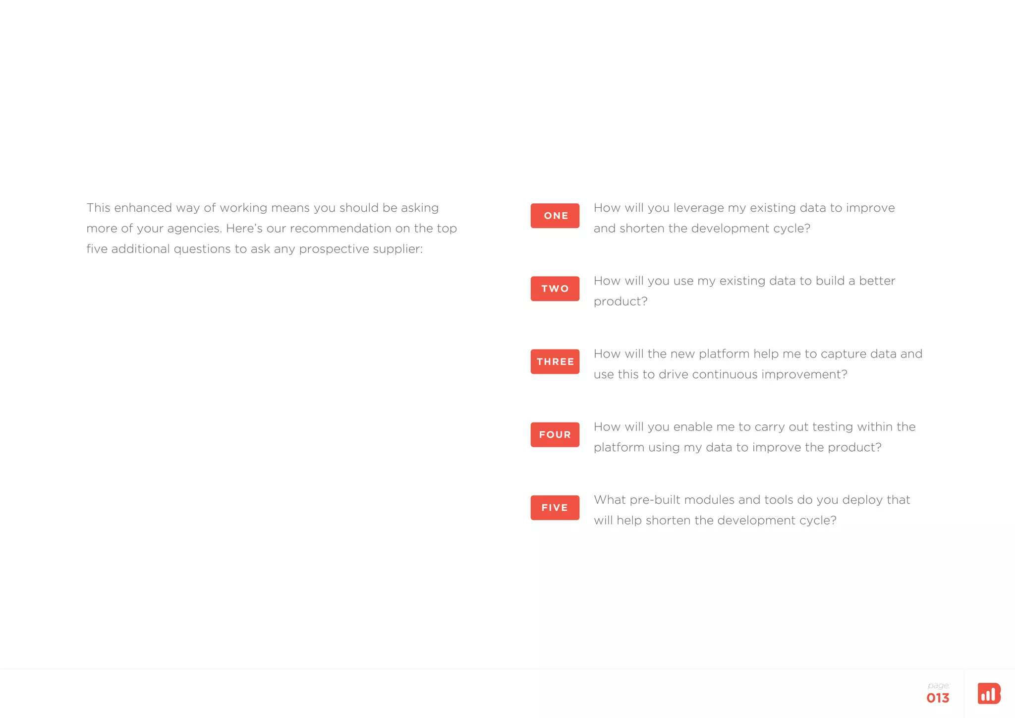 page:
013
How will you leverage my existing data to improve
and shorten the development cycle?
ONE
How will you use my existing data to build a better
product?
TWO
How will the new platform help me to capture data and
use this to drive continuous improvement?
THREE
How will you enable me to carry out testing within the
platform using my data to improve the product?
FOUR
What pre-built modules and tools do you deploy that
will help shorten the development cycle?
FIVE
This enhanced way of working means you should be asking
more of your agencies. Here’s our recommendation on the top
five additional questions to ask any prospective supplier:
 