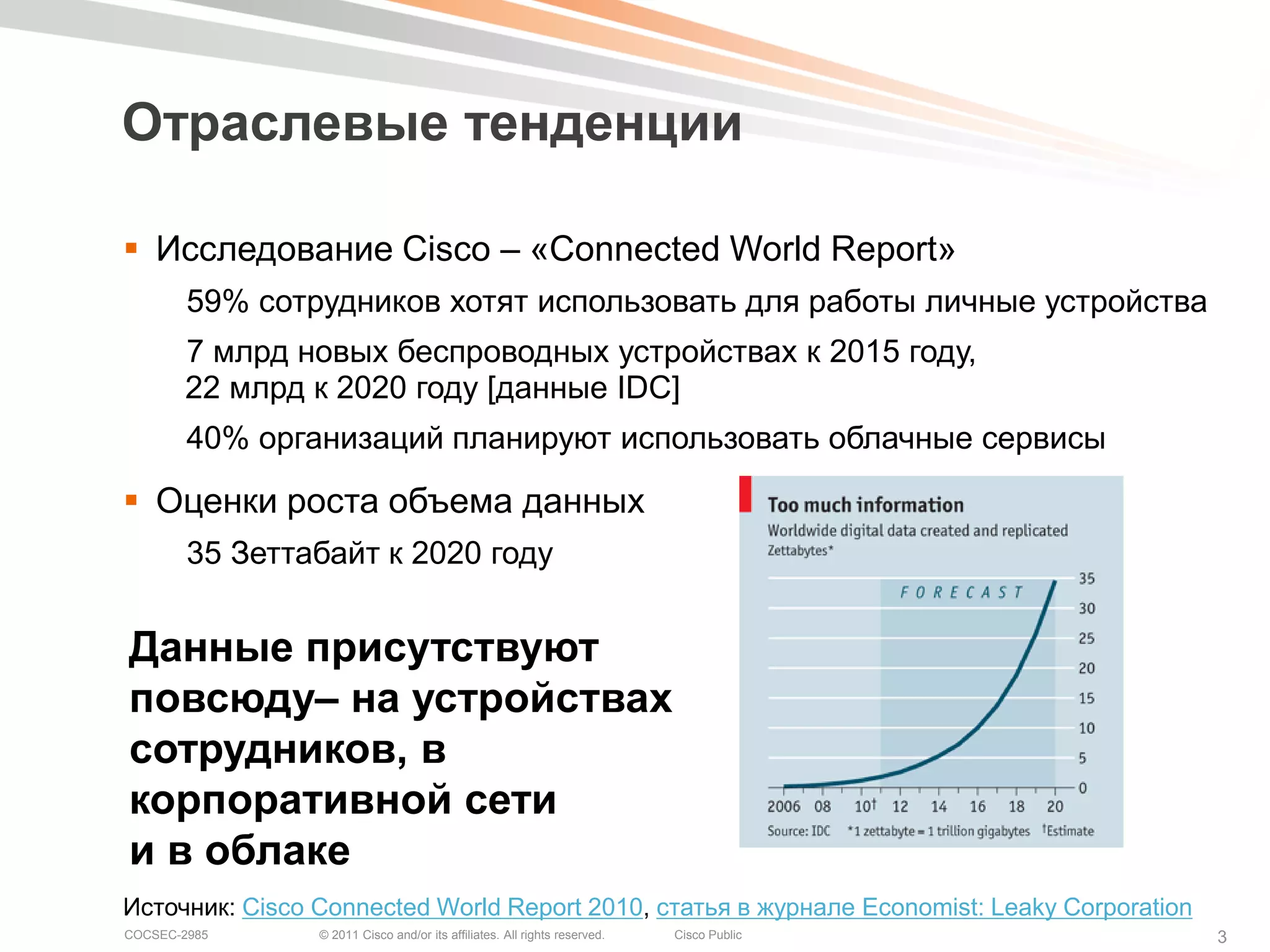 Отраслевые тенденции

 Исследование Cisco – «Connected World Report»
        59% сотрудников хотят использовать для работы личные устройства
       7 млрд новых беспроводных устройствах к 2015 году,
       22 млрд к 2020 году [данные IDC]
        40% организаций планируют использовать облачные сервисы

 Оценки роста объема данных
        35 Зеттабайт к 2020 году


Данные присутствуют
повсюду– на устройствах
сотрудников, в
корпоративной сети
и в облаке
Источник: Cisco Connected World Report 2010, статья в журнале Economist: Leaky Corporation
COCSEC-2985     © 2011 Cisco and/or its affiliates. All rights reserved.   Cisco Public      3
 