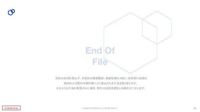 Copyright © 2021 Datachain, Inc. All Rights Reserved.
CONFIDENTIAL
End Of
File
目的の如何を問わず、本資料の無断複製、無断転載その他二次利用行為等の
国内および国外の著作権により禁止される行為を固く禁じます。
そのような行為が発見された場合、弊社は法的措置をとる場合がございます。
18
 